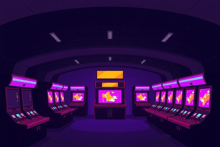 Une salle d'arcade vide et violette, de nuit, avec une borne allumée au centre