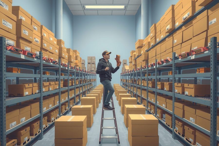 Un homme sur un escabeau dans un entrepôt de boîtes empilées sur des étagères métalliques