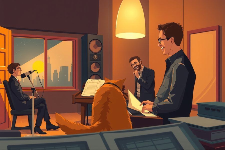 Un chat roux au milieu d'un studio d'enregistrement, des musiciens souriants autour d'un micro