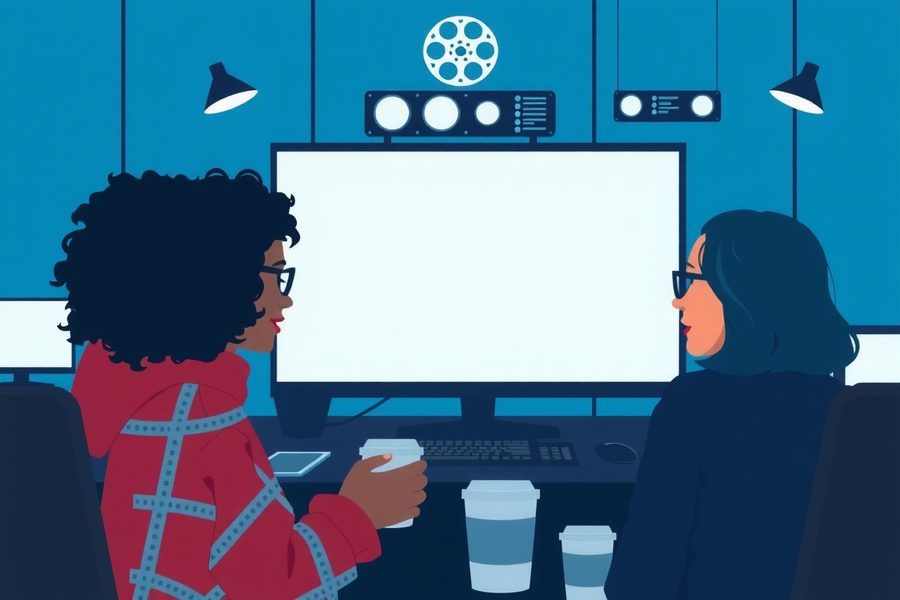 Deux monteuses devant un grand écran blanc dans une salle de montage bleue, café à la main