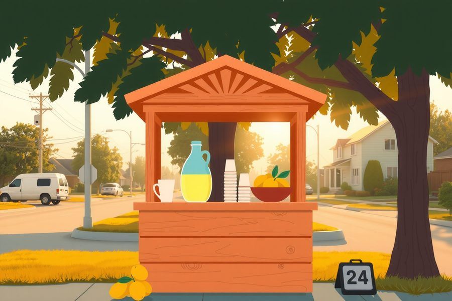 Un stand de citronnade en bois sous un arbre, une carafe et des gobelets sur le comptoir, au soleil du matin