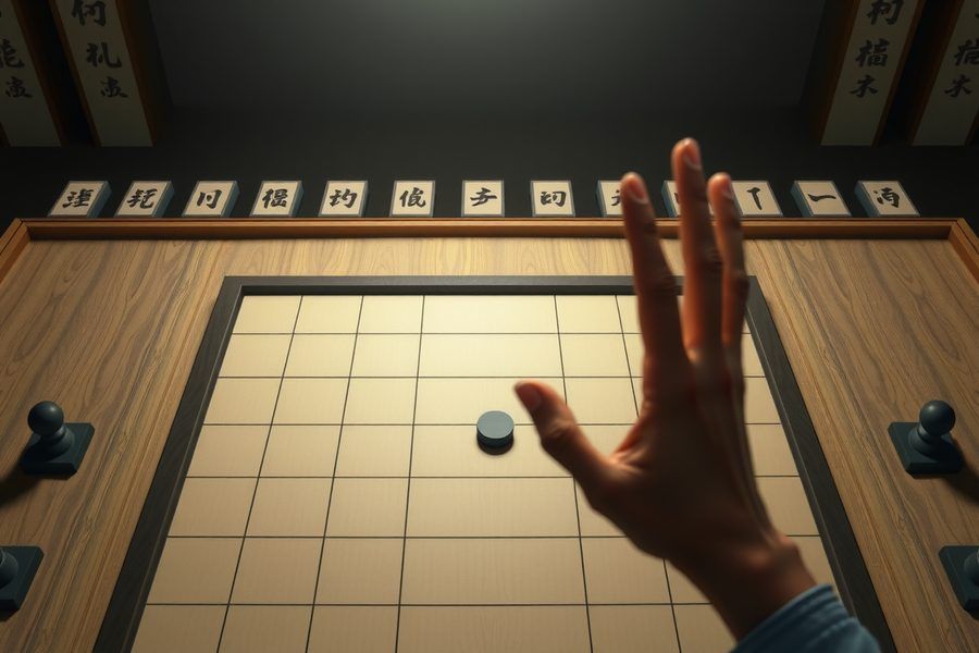 Une main levée au-dessus d'un plateau de jeu de go, une pierre noire posée près du centre