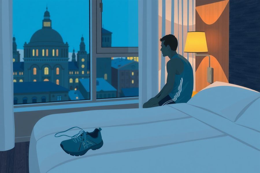 Un homme assis au bord d'un lit, devant une fenêtre sur la ville la nuit, des chaussures de course au sol