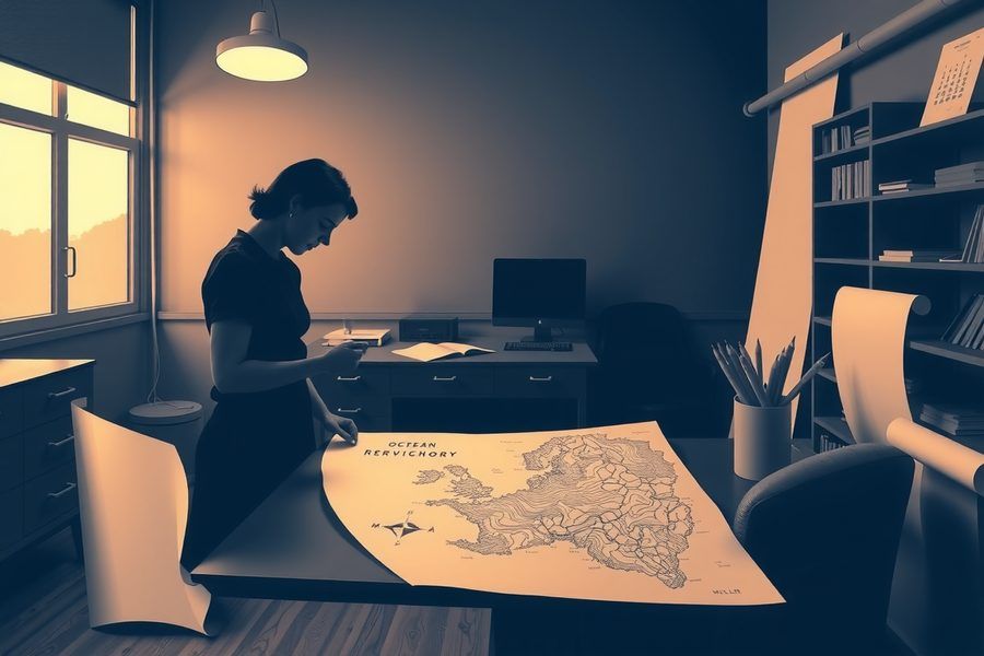 Une femme penchée sur une grande carte des fonds marins, dans un bureau sombre éclairé par une lampe