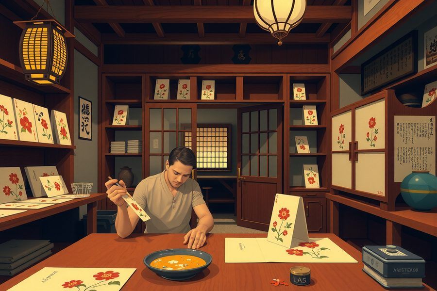 Un homme à une table dessine des cartes à jouer à fleurs, dans une boutique japonaise traditionnelle