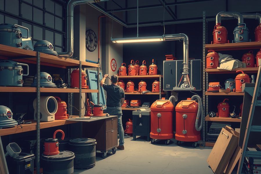 Un inventeur dans un atelier rempli de machines rouges identiques, alignées sur des étagères