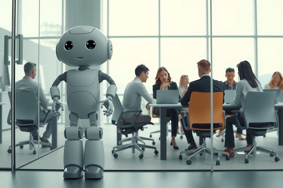 Un robot blanc aux yeux ronds assis à une table de réunion avec des collègues, dans un bureau vitré
