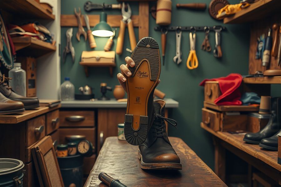 Dans l'atelier d'un cordonnier, une main tient une chaussure dont la semelle neuve est visible