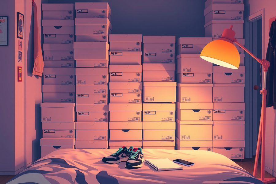 Une chambre rose et violette remplie de piles de boîtes de baskets, une paire posée sur le lit