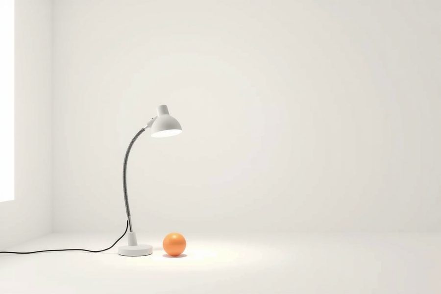 Une petite lampe de bureau blanche et une balle orange sur un sol blanc, dans une pièce vide