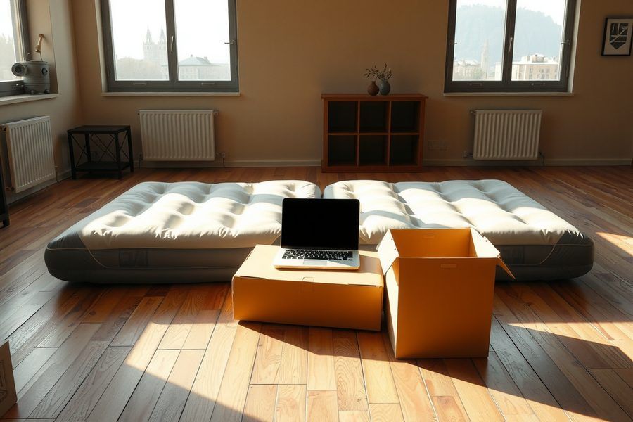 Un matelas gonflable posé sur un parquet, avec un ordinateur portable ouvert sur un carton